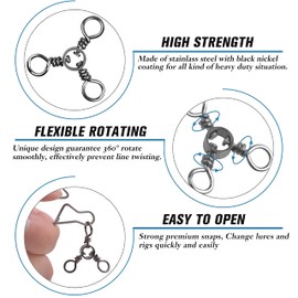 OROOTL Fishing 3 Way Swivel Snaps Stainless Steel Cross Line Duo Lock Snap Swivels Saltwater Barrel Triple Swivels Fishing Tackle Connector for Catfish Trolling Surf Rig 26-83LB