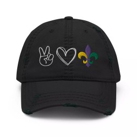GoodLife Graphix Peace Love Fleur de lis Mardi Gras Ball Cap Dad Hat for Men Women - Distressed Black