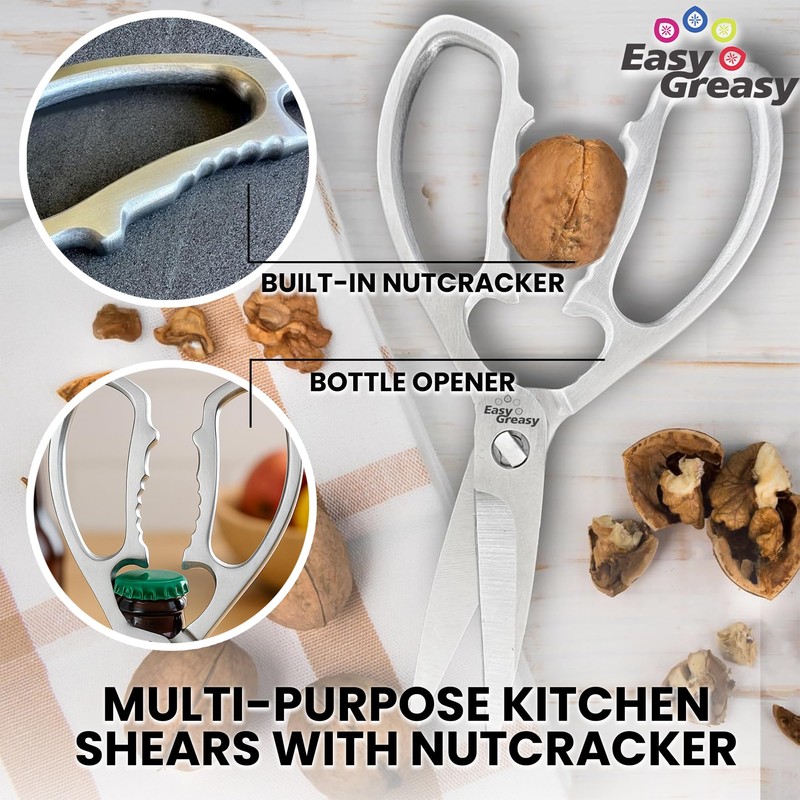 Easy Greasy - 8" Heavy Duty Stainless Steel Kitchen Scissors