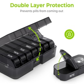 Opret Pill Organiser 7 Day, Weekly Pill Box 2 Times a Day for AM PM, Travel Tablet Organiser with 14 Large Compartments, for Vitamins Supplements Medication (Black)