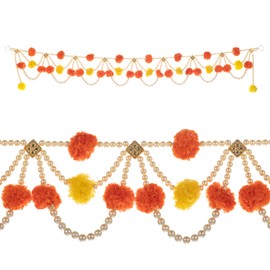 Artificial Marigold Fluffy Flowers Garlands Door Toran Set Decorative Door Hanging Bandanwar for Home Festival Indian Wedding Entrance Decorations (Yellow & Orange) with Moti (Size: -38 x 6)