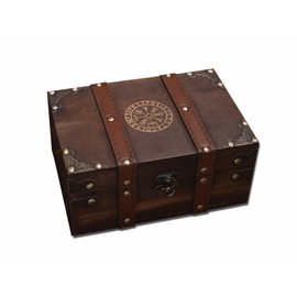 vuagmiv Wooden and Leather Chest The Rune Viking Compass Engraved Wooden Box with Velvet Lining Vegvisir Wiccan Accessories and Tool Storage Box