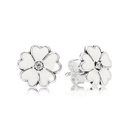 Bluebird White Primrose Flower Stud Earrings in 925 Sterling Silver and white enamel