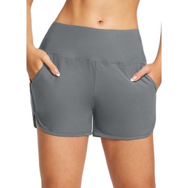 baleaf Swimming Trunks Women's 3 Inch Swimming Shorts High Waist Bikini Bottoms Tummy Control Swimming Trunks Quick-Drying Swimming Trunks with Pockets UPF 50+, gray, M