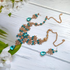 Crystal Wedding Necklace Earrings Sets Bridal Rhinestone Flower Pendant Necklace Chain Vintage Floral Necklace Ball Dangle Jewelry for Women Bride Bridesmaid (Blue)