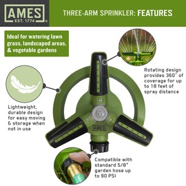 AMES Rotating Revolving Sprinkler with 3 Arms, 360 Degrees, Adjustable Lawn or Garden Watering, Large Spray Area Coverage, Easy Hose Connection, Green