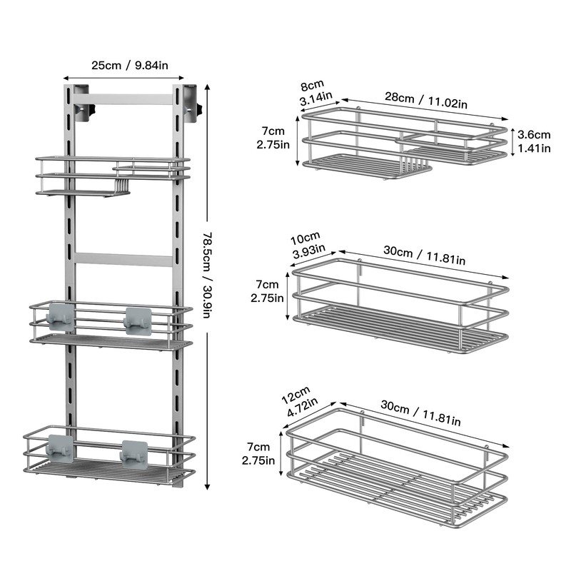 Orimade Over The Door Shower Caddy Adjustable 3 Tier Silver,Bathroom
