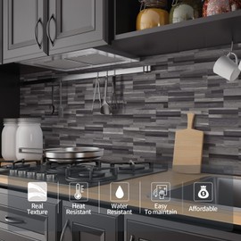 100-Pack Peel and Stick Backsplash Black Wood Tile Stickers Upgraded Durable 3" x 6" PVC Stick on Wall Tile for Kitchen, Bathroom, Fireplace