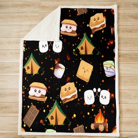 Cute Marshmallow Fleece Throw Blanket Throw 50"x60" Cute S'Mores Cookie Plush Blanket for Bed Sofa Couch Boys Happy Camping Sherpa Blanket Outdoor Adventure Fuzzy Blanket
