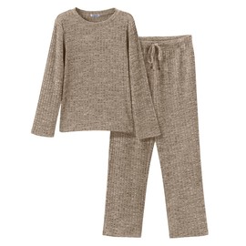 Ekouaer Womens Ribbed Knit Lounge Set Long Sleeve Top and Long Pants Sleepwear Pajama Set Two Piece Matching Set with Pockets Khaki