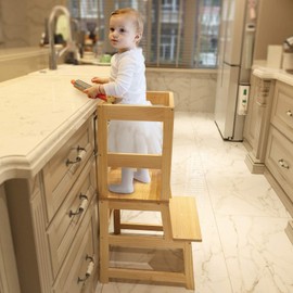 Kitchen Step Stool for Toddlers with Non-Slip Mat, Wood City Wooden Kids Montessori Learning Stool Tower, Toddler Standing Tower Helper for Kitchen Counter and Bathroom Sink…