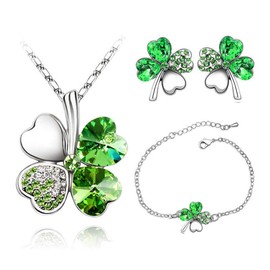 AILUOR Four Leaf Clovers Jewelry Set, Fashion Austrian Crystal Lucky Four Leaf Clover Pendant Necklace Bracelet Stud Earrings Set for Women Girl Bridal Wedding Jewelry (Green)