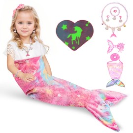 Cyiecw Mermaid Blanket Girls Children 100 x 50 cm, Mermaid Fin Girl Blanket Glow in the Dark, Mermaid Flannel Blanket with Sequins, Purse and Mermaid Jewellery Accessories