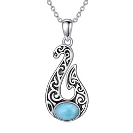 BETHZA Fish Hook Necklace 925 Sterling Silver Blue Larimar Gemstone Fish Hook Pendant Hawaiian Summer Jewelry Gifts for Women