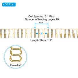 PATIKIL 11mm (7/16") Double Loop Wire Binding Combs, 50 Pcs Metal Twin Loop Binding Coils 70 Sheet Capacity 3:1 Pitch 32 Ring Binding Spines, Gold