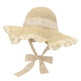 Women Floppy Lace Straw Hat Summer Wide Brim Sun Hat Sun Protection Windproof Beach Hat for Vacation, Travel (Beige)