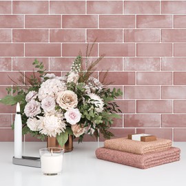 VEELIKE Tile Seal, Waterproof, Pink Marble Style, Mosaic Tile, Kitchen, Heat Resistant, Tile Sheet, 11.8 x 11.8 inches (30 x 30 cm), 6 Pieces, Brick, Glossy, Tile Sticker, 3D Wallpaper Sticker, Thick,