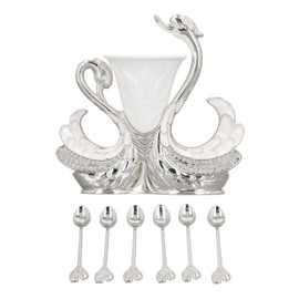 Swan Shape Dinnerware Set Light Luxury Exquisite Elegant Swan Shape Spoon Holder with 6 Spoons for Coffee Fruits Desserts Silver