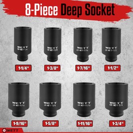 WETT 1/2" Drive Deep Large Impact Socket Set, 8-Piece Spindle Axle Nut Large Sockets Set, Standard SAE 6 Point Wheel Wrench Sockets, CR-MO Steel, (1-1/4-Inch-1-3/4-Inch)