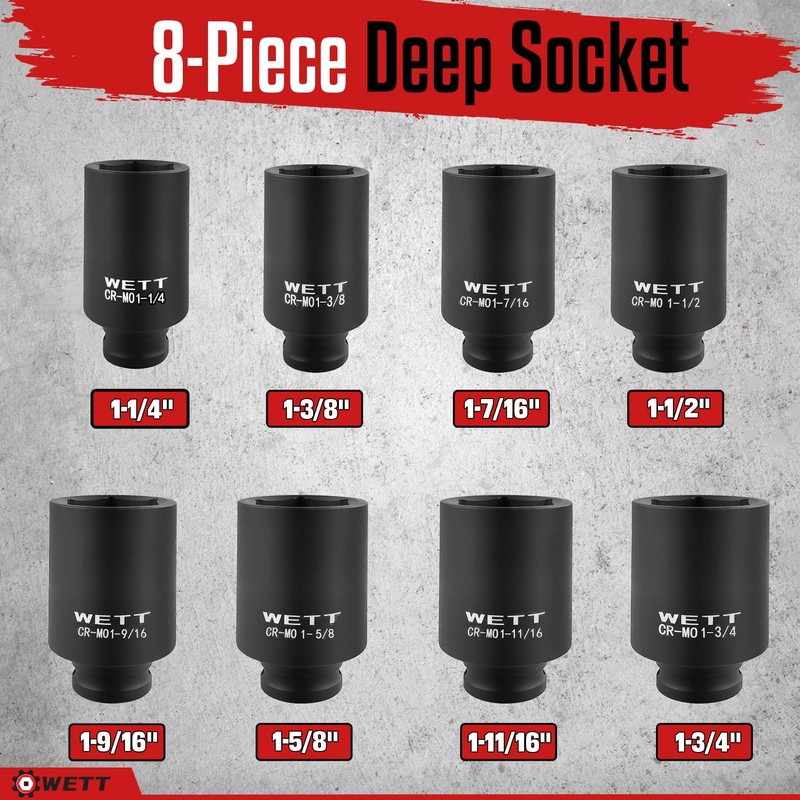 WETT 1/2" Drive Deep Large Impact Socket Set, 8-Piece Spindle