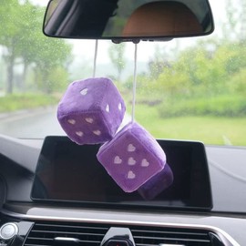 Pair 3” Purple Fuzzy Plush Dice Heart Shape Decor for Car Rearview Mirror, Retro Square Decoration Dice for Car Hanging Accessories