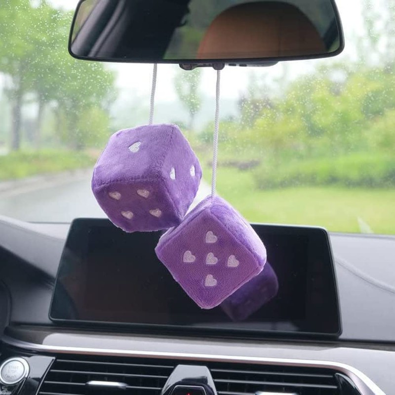 Pair 3” Purple Fuzzy Plush Dice Heart Shape Decor for