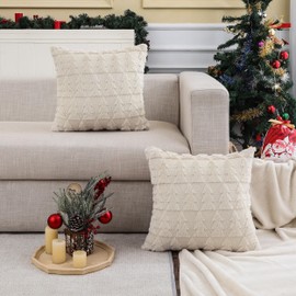 Set of 2 Beige Christmas Throw Pillow Cover 20 x 20 inch Multiple Christmas Tree Pillow case Soft Fur Fuzzy Cute Decor Pillowcase for Winter Holiday Cushion Case