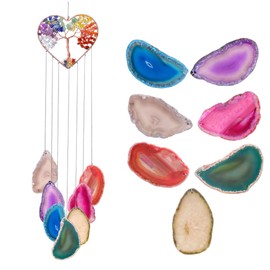 Yoption Heart Wind Chimes with Crystal Tree of Life Agate Slice for Home Wall Decor, 7 Chakra Natural Crystal Windchimes for Home Garden Decorative Ornament, Unique Gift