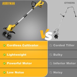 Alloyman 20V Cordless Tiller Cultivator, 360RPM Electric Garden Tiller, with 2 * 2.0Ah Batteries & Charger, 9In Tilling Width and 6.6In Depth Garden Rototiller for Lawn/Gardening/Soil Cultivation