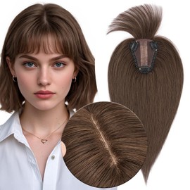 MY-LADY Human Hair Toppers for Women Real Human Hair with Bangs Thin 8 * 10CM Lace Silk Base Clip in Remy Hairpieces Hand-Tied Light Weight 12 Inch Dark Brown