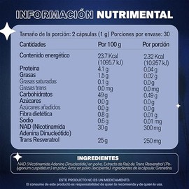 NAD  Resveratrol - Suplemento alimenticio, 60 Capsulas de 500mg.                                                                                      