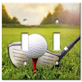 Art Plates - Double Gang Toggle OVERSIZE Switch Plate - OVER SIZE Decorative Metal Wall Plate - Golf Club and Ball - (Made in USA)