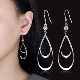 Dangle Earrings for Women Hollow water drop Double Linear Drop Statement Earrings Birthday Gifts for Women (Silver)
