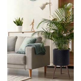 D'vine Dev 14 Inch Modern Geometric Tile Patterned Sleek Planter Pot with Stand, Indoor Outdoor Decorative Plant Holder, Distressed Black, 88-Z-D-5