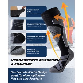 Niorasen 2 Pairs of Merino Ski Socks for Men and Women, Thermal Snowboard Socks, Ski Socks with Padding, Warm Knee Socks for Skiing, Snowboarding, Outdoor Winter Sports, Black+grey