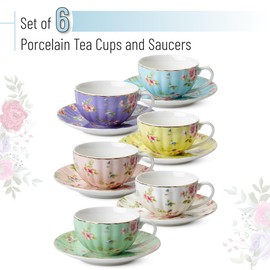 BTaT- Floral Tea Cups and Saucers Set of 6 (7 oz), Porcelain Tea Cups Set of 6, Pastel Bloom Design with Gold Trim, Dishwasher & Freezer Safe
