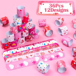 RICEDUO 36 Pieces Valentines Day Slap Bracelet for Kids, 12 Styles Colorful Valentines Day Slap Wristbands Bulk for Kids Party Favors Supplies Classroom Exchange Gifts Goodie Bag Fillers