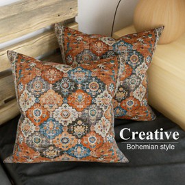 SZXYCZL 2Packs Boho Pillows Covers 18×18 inch, Linen Bohemia Carpet Pattern Decorative Couch Throw Cushion Covers for Living Room Bed Outdoor Pillow Case-Flower Orange