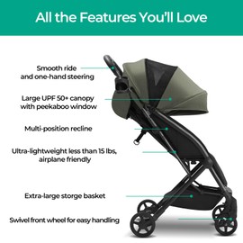 Mompush Lithe, Lightweight Stroller, Compact One-Hand Fold Luggage-Style Travel Stroller for Airplane Friendly, Reclining Seat and XL Canopy, with Rain Cover & Travel Carry Bag & Cup Holder