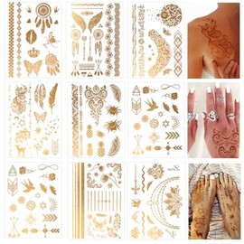 125+ Festival Tattoos Gold, Glitter Tattoos Adult Women, Festival & Boho Temporary Tattoos for Sticking, Metallic Face & Body Tattoos, Waterproof Festival Accessories for Carnival Party Wedding
