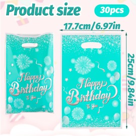 30 Pcs Green Silver Happy Birthday Gift Bags with handles,Plastic Tote Bags, Reusable Snack Treat Goody Candy Bag - Birthday Theme Party Favor Bags Party Supplie