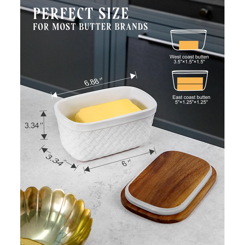 Nucookery Ceramic Butter Dish, Embossed Butter Keeper with Wood Lid