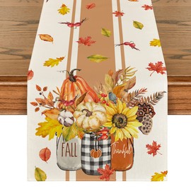 Artoid Mode Thankful Fall Pumpkin Leaves Floral Vases Table Runner, Autumn Thanksgiving Kitchen Dining Table Decoration for Home Party Decor 13x108 Inch