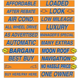 EZ Lettering Orange and Blue Car Dealer Windshield Stickers Slogans 20 packs, 15" Mix n Match
