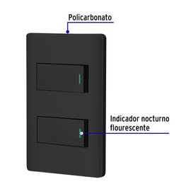 Volteck PA-APDO1-LN, Placa armada negra 2 interruptores sencillos línea Lisboa