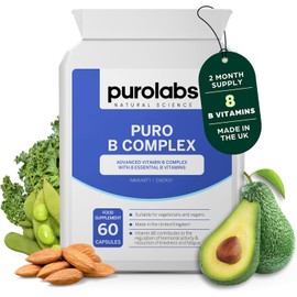 Purolabs Vitamin B Complex | High Strength | Eight Essential B Vitamins | High Absorption | Methylated with Folate, B6 & B12 | 60 Vegan Capsules | Made in The UK