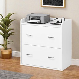 DWVO File Cabinet with Charging Station, 2 Drawer Lateral Filing Cabinet with Storage, Large Printer Stand for Home Office Living Room, Fits A4 Legal Letter Documents, White