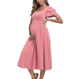 Ruffle Short Sleeve Maternity Dress High Waisted Midi Spring Baby Shower Dresses Pink M
