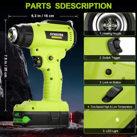 Compatible with Ryobi 18V Battery Cordless Heat Gun, 350W LED Light, Quick Heat Welded Heat Gun 122°F - 120°F Variable Temperature Control with 4 Nozzles and Scraper for Crafts(No Battery)