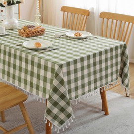 JIALE Green Checkered Table Cloth Square Cotton Linen Fabric Gingham Tablecloth with Tassel Washable Wrinkle Free Buffalo Plaid Table Cover for Spring Picnic Kitchen Dining, Green and White, 55X55''